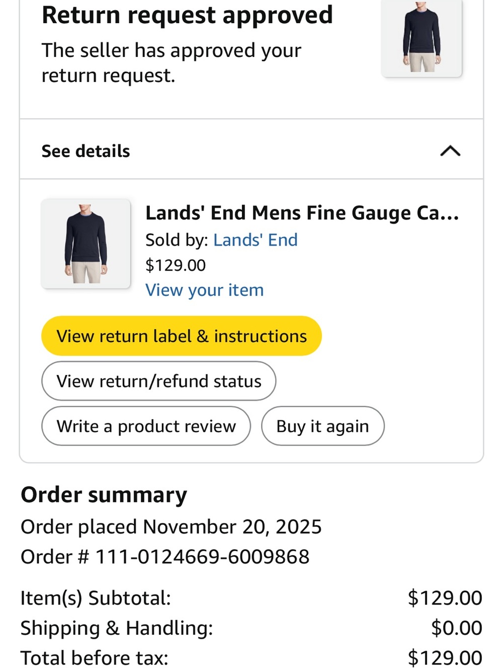 NWT Lands' End Navy Crewneck Cashmere Sweater - Medium Tall - Picture 5 of 6